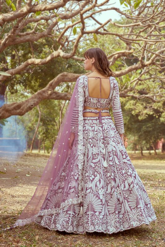 Aastha fashion Lavender Organza lehanga blouse Embroidery Work