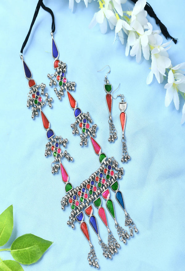 WOMENS MULTY COLOUR MINAKARI OXIDISED NACKLACE SET