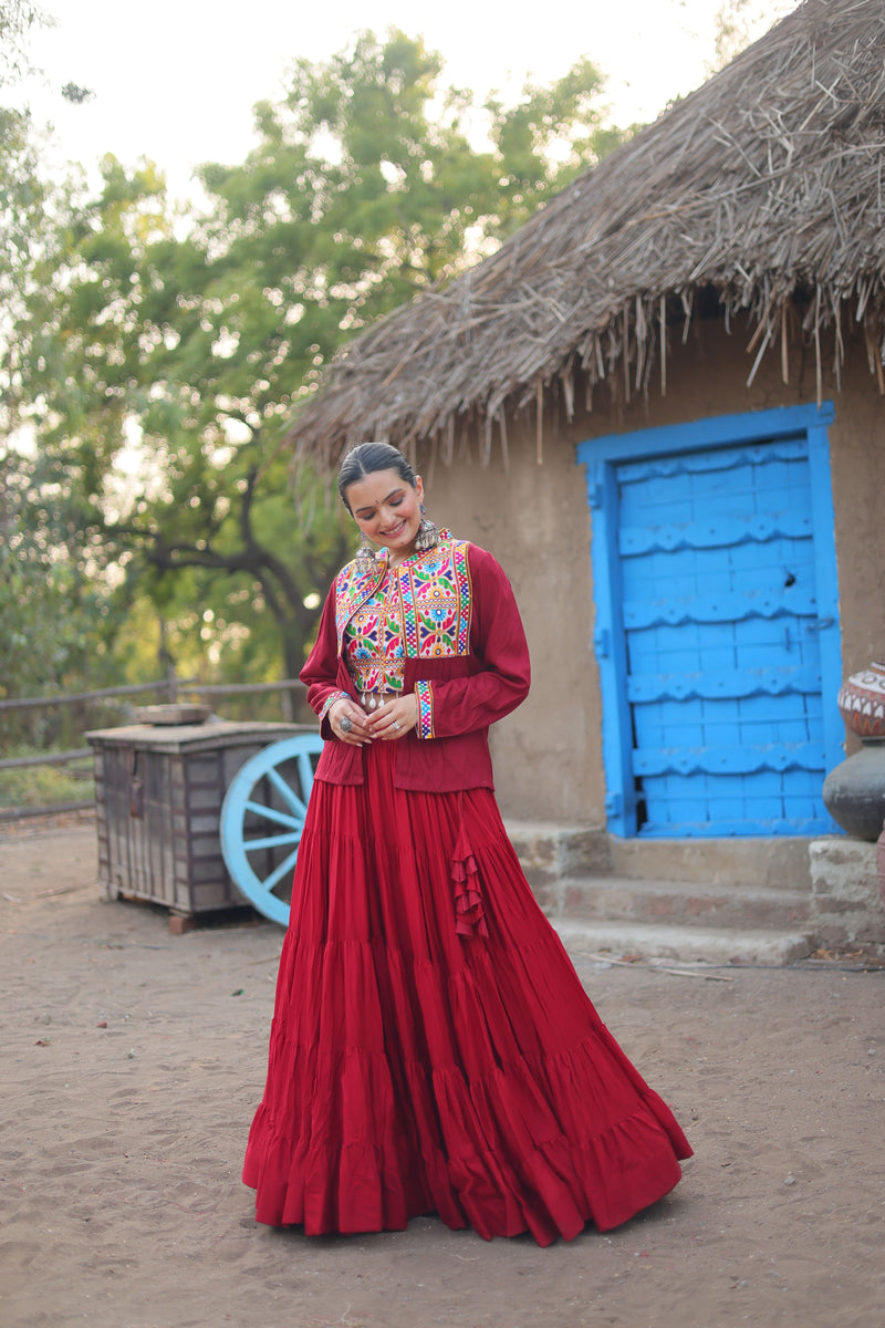 Aastha fashion off red Lehenga Choli with 14Kg Reyon with Standard Frill fabric blouse fabric