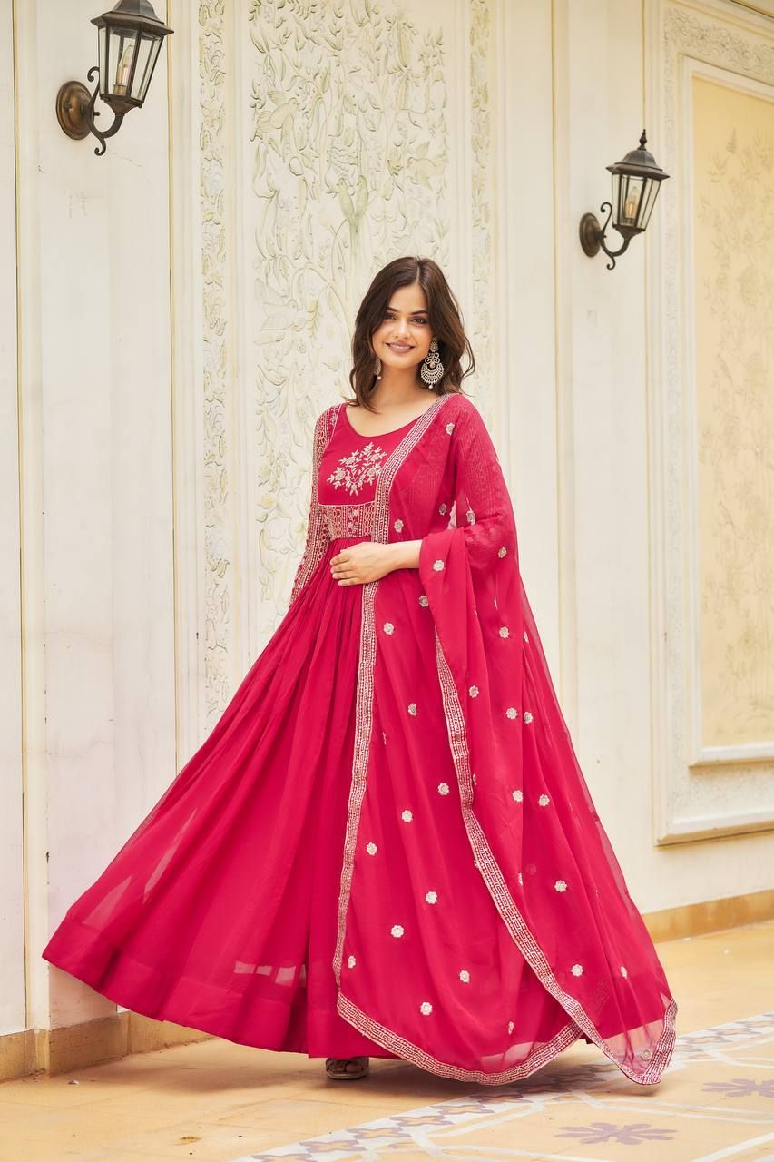 Aastha pink Fox Georgette with Gown Heavy sequence Embroidery Work