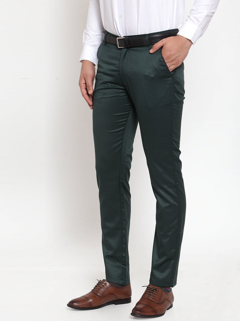 Jainish Men's Olive Tapered Fit Formal Trousers