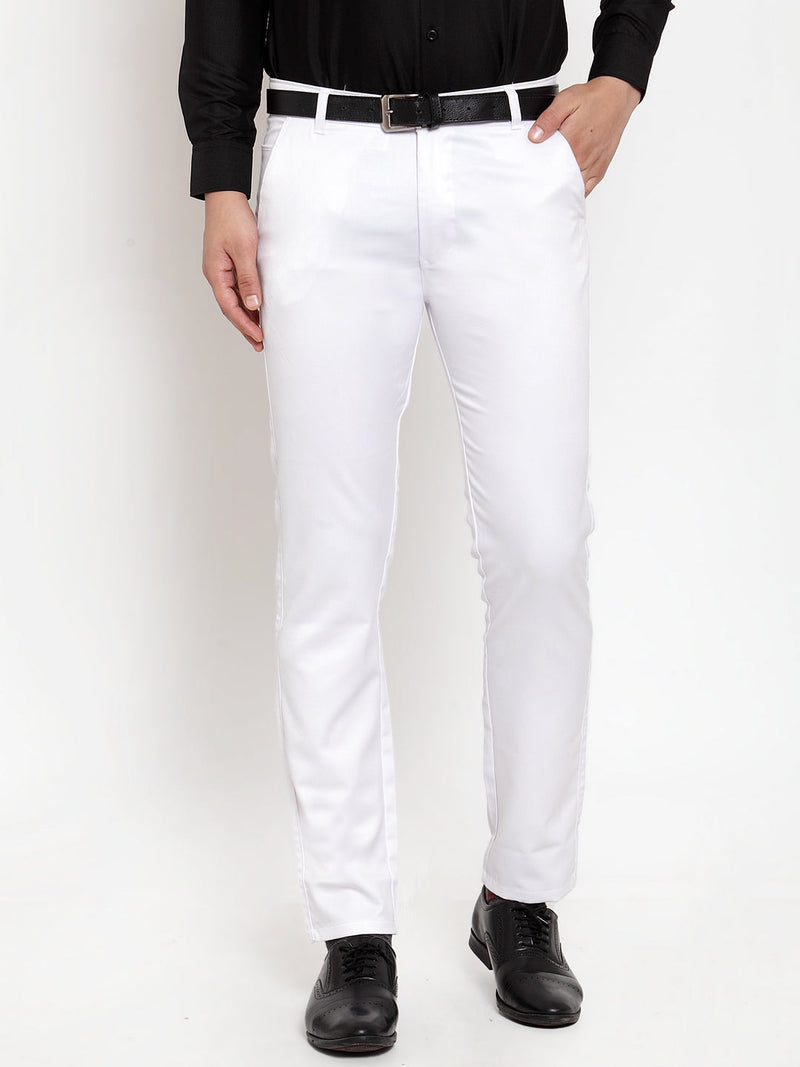 Jainish Men's White Tapered Fit Formal Trousers