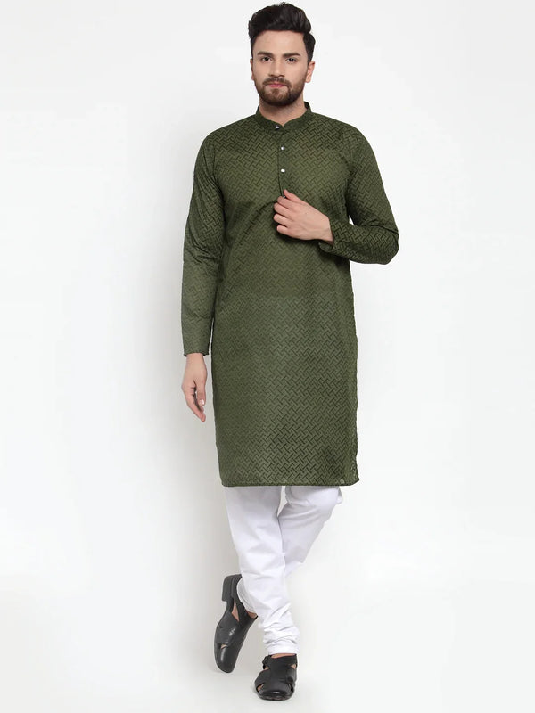 Jompers Men Olive Green Chikan Kurta with Churidar ( JOKP 561 Olive )