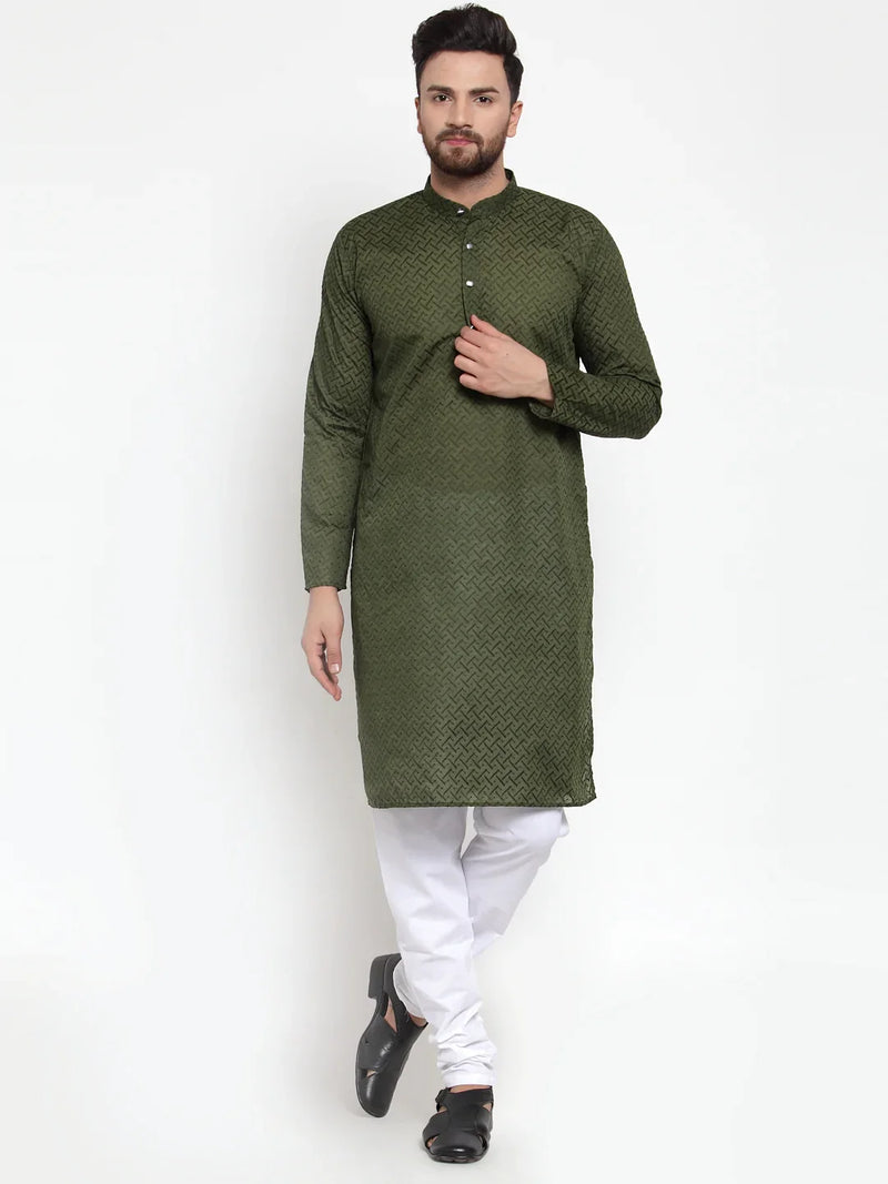 Jompers Men Olive Green Chikan Kurta with Churidar ( JOKP 561 Olive )