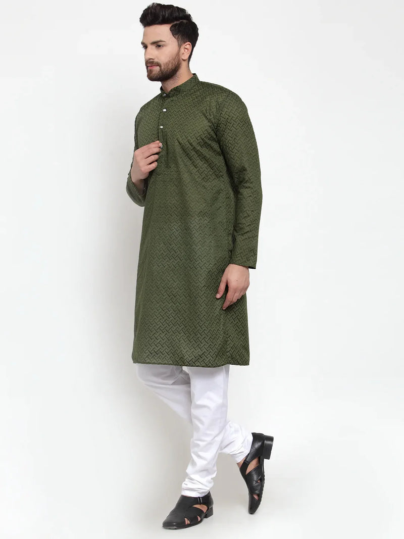 Jompers Men Olive Green Chikan Kurta with Churidar ( JOKP 561 Olive )