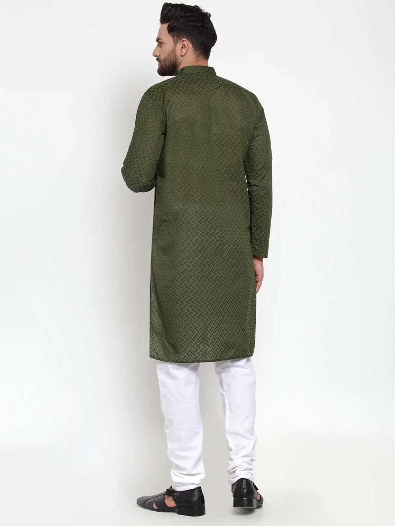 Jompers Men Olive Green Chikan Kurta with Churidar ( JOKP 561 Olive )