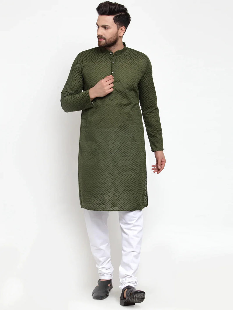 Jompers Men Olive Green Chikan Kurta with Churidar ( JOKP 561 Olive )