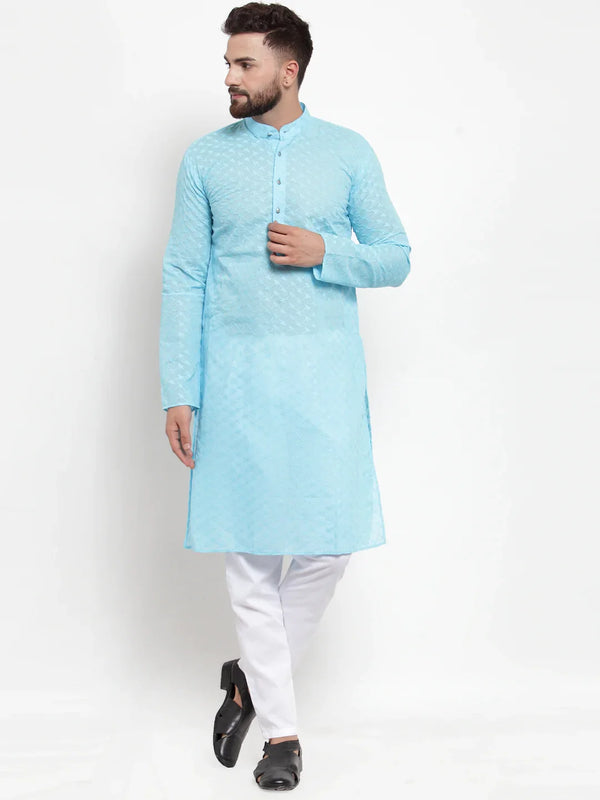 Jompers Men Sky Blue Chikan Kurta with Churidar ( JOKP 561 Sky )