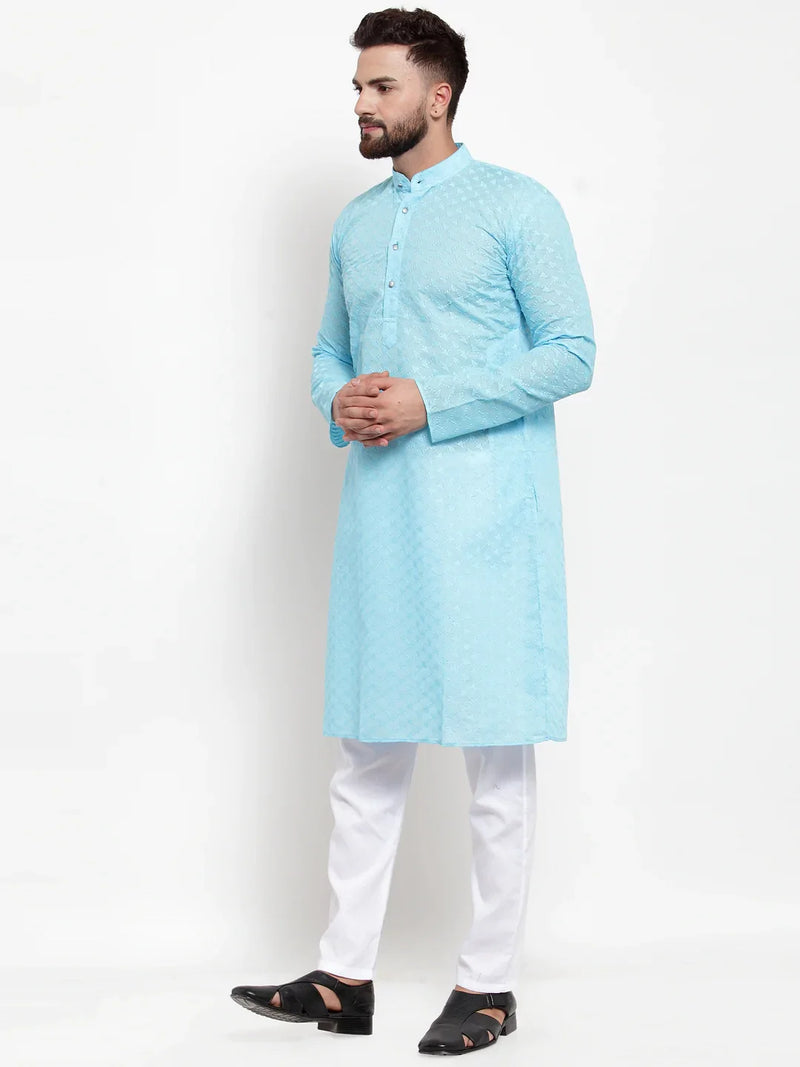 Jompers Men Sky Blue Chikan Kurta with Churidar ( JOKP 561 Sky )