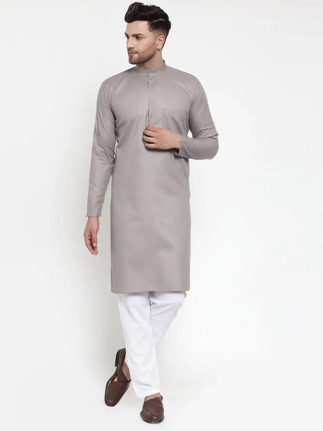 Jompers Men Grey & White Solid Kurta Only ( KO 611 Grey )