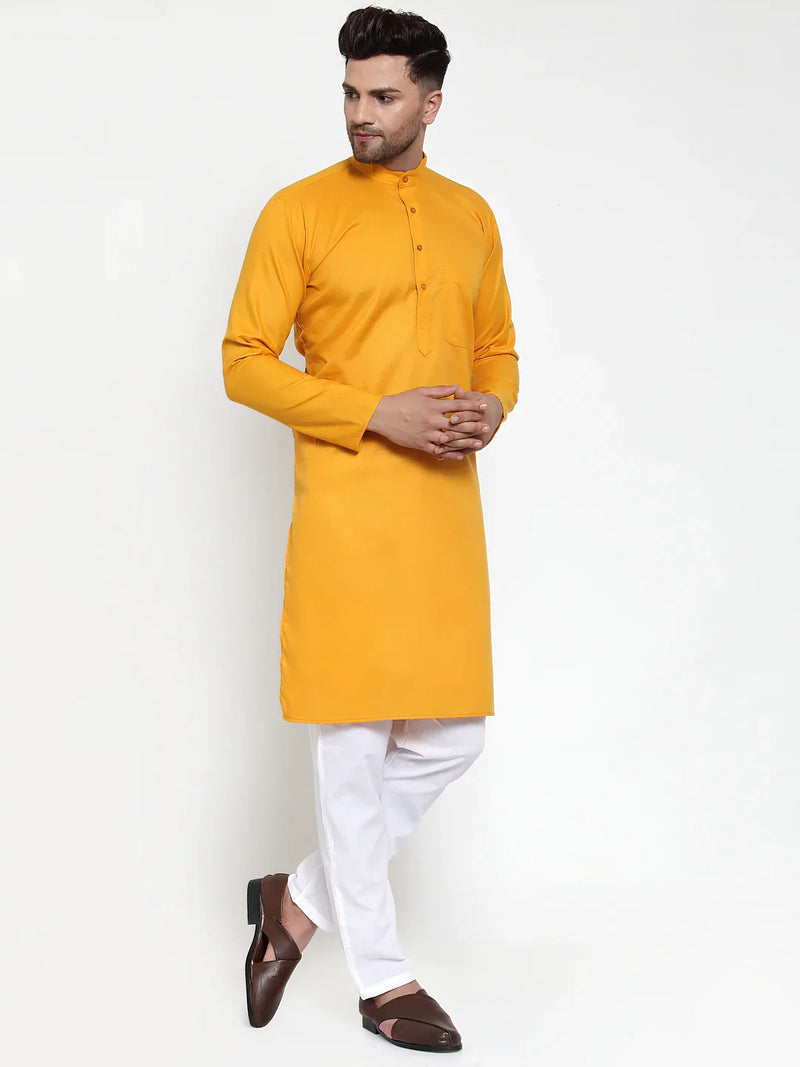 Jompers Men Mustard Yellow & White Solid Kurta with Churidar ( JOKP 611 Mustard )