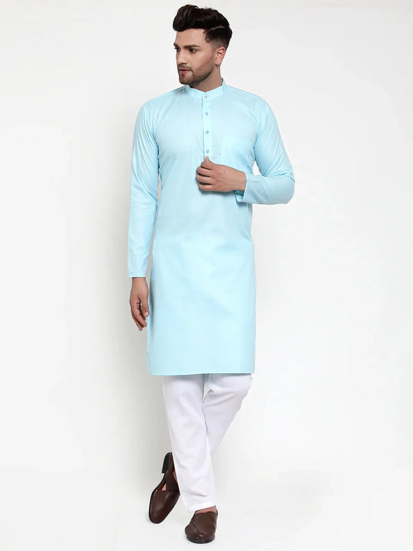 Jompers Men Sky-Blue & White Solid Kurta with Churidar ( JOKP 611 Sky )