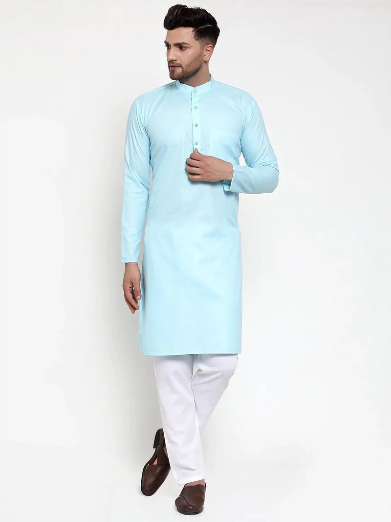 Jompers Men Sky-Blue & White Solid Kurta Only ( KO 611 Sky )