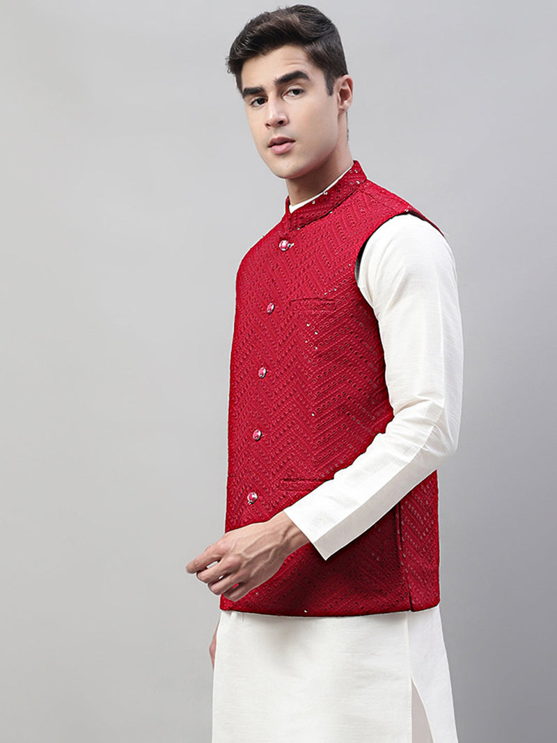 Men's Sequins Embroidered Rayon Nehru Jacket