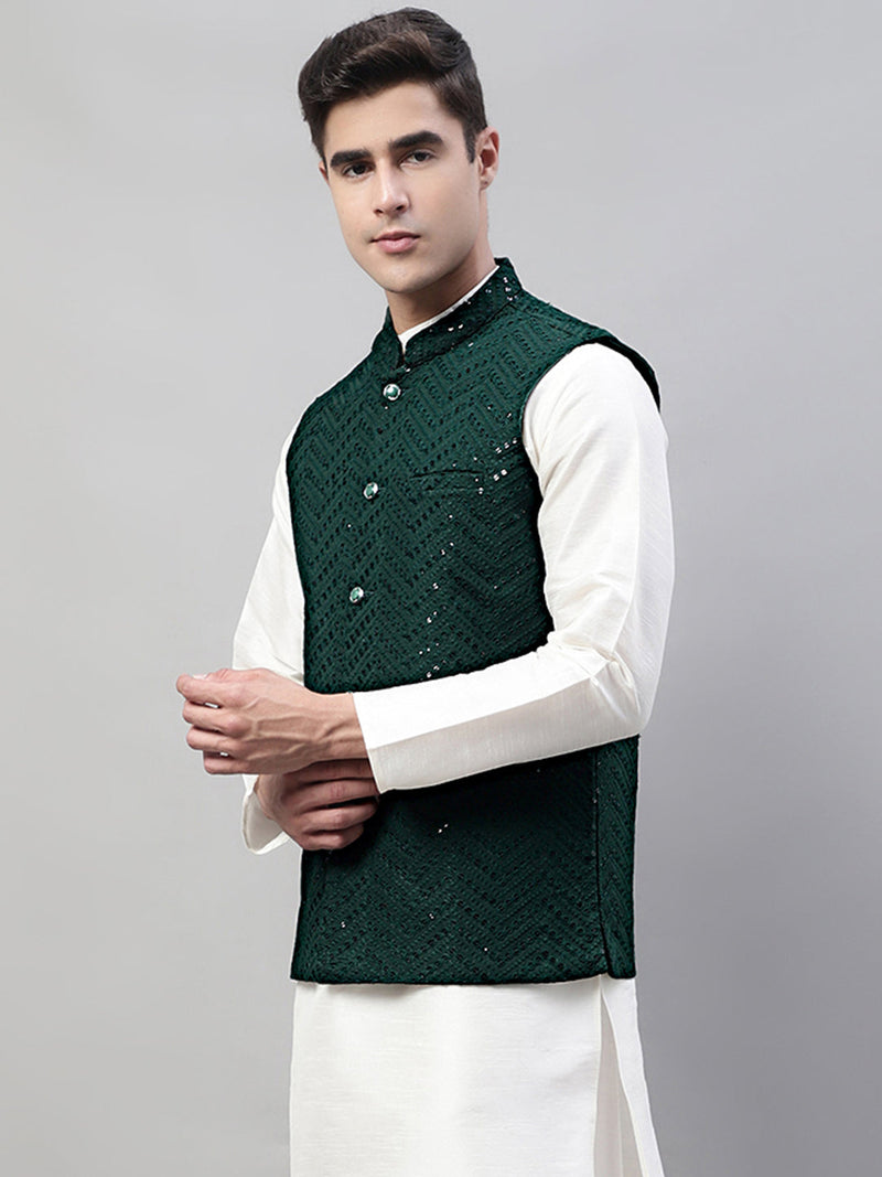 Men Sequins Embroidered Rayon Nehru Jacket