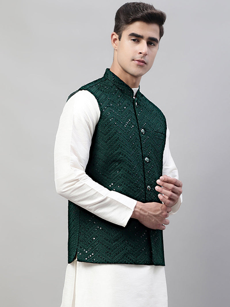 Men Sequins Embroidered Rayon Nehru Jacket