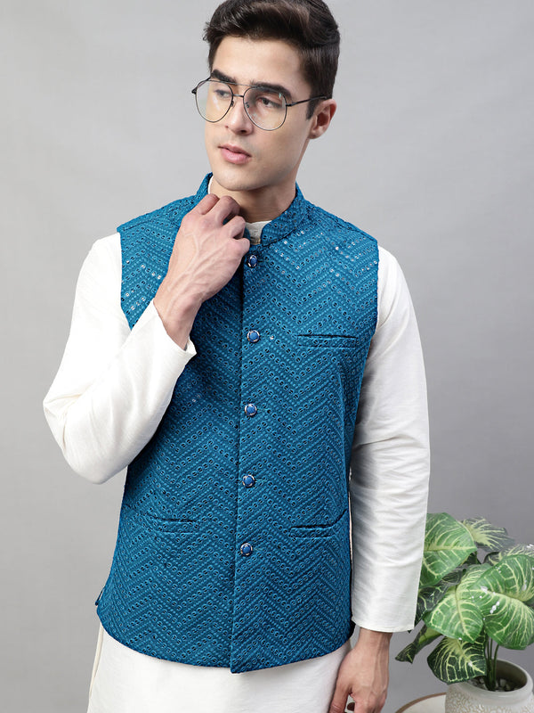 Men's Sequins Embroidered Rayon Nehru Jacket