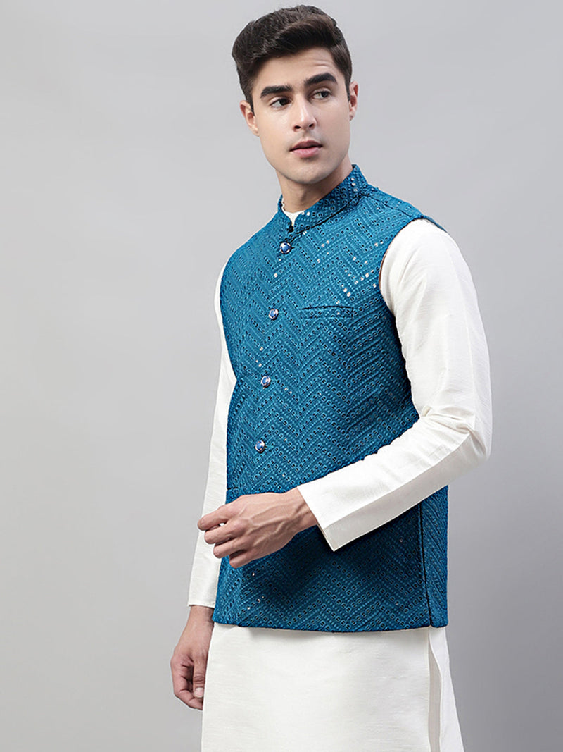 Men Sequins Embroidered Rayon Nehru Jacket