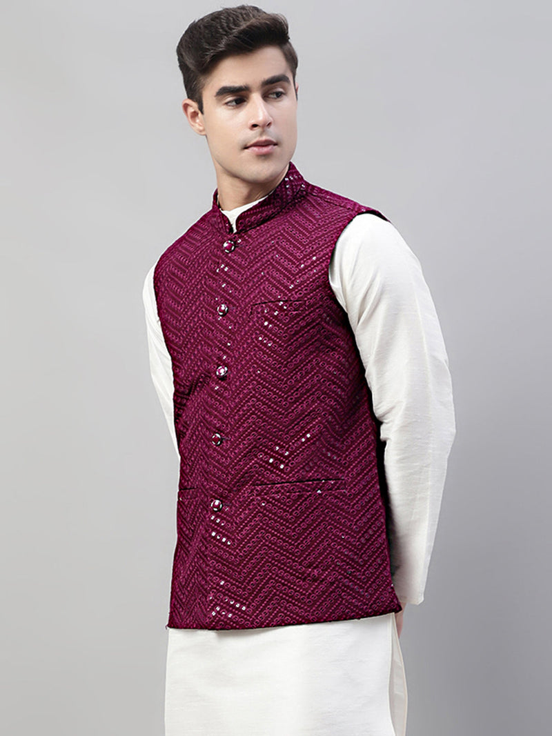 Men's Sequins Embroidered Rayon Nehru Jacket