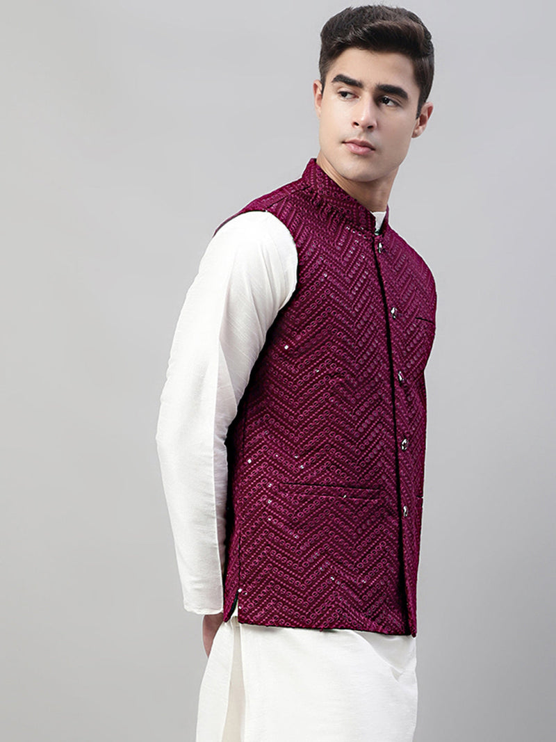 Men Sequins Embroidered Rayon Nehru Jacket