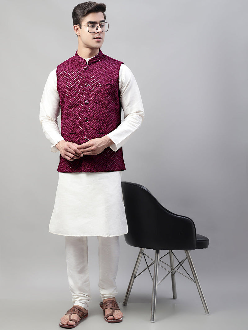 Men Sequins Embroidered Rayon Nehru Jacket