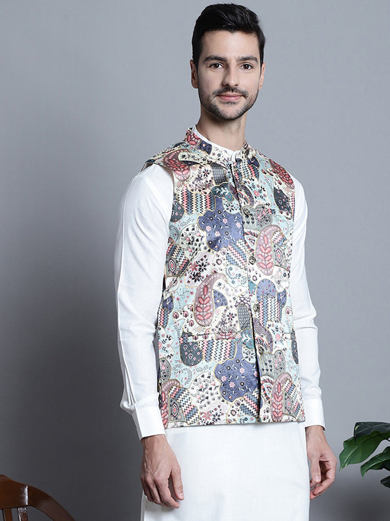 Men's Printed With Zari Work Nehru Jacket