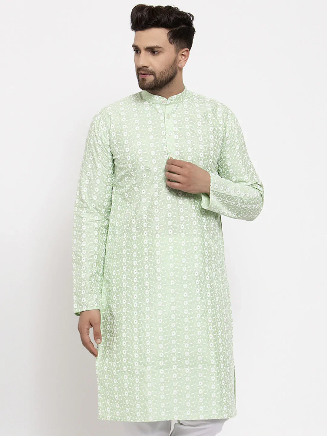 Jompers Men Mint Green Embroidered Kurta Only ( KO 633 Green )