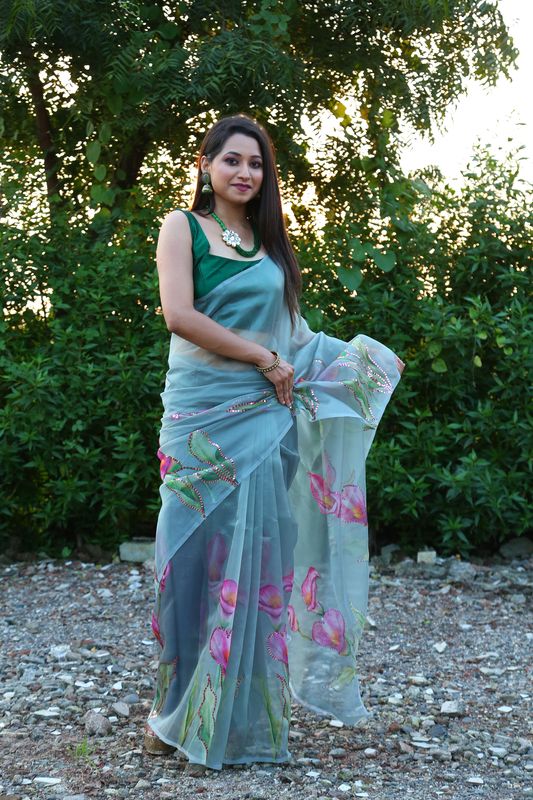 Aastha Green Soft Organza Beautiful floral print work