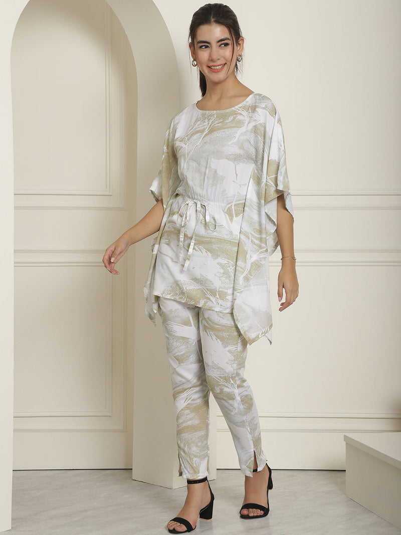 Women Beige Tie Dye Printed Rayon Kaftan Tunic With Trousers ( JNCS 3002Beige )