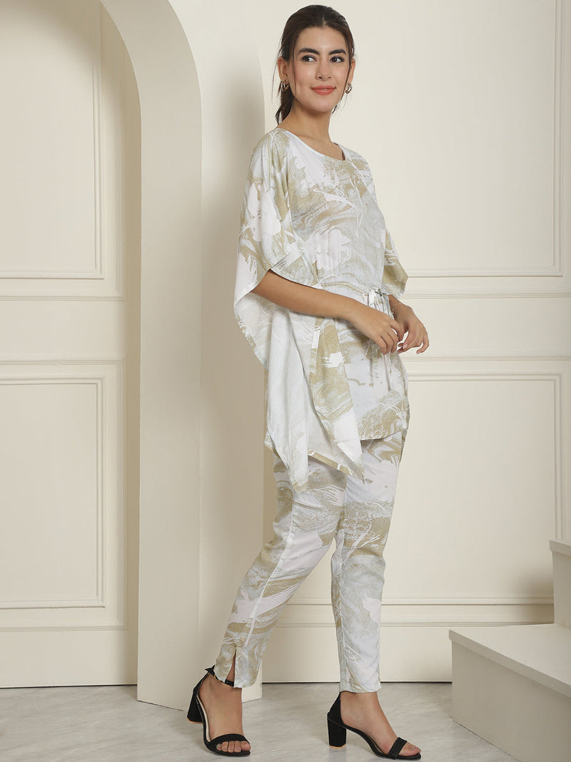 Women Beige Tie Dye Printed Rayon Kaftan Tunic With Trousers ( JNCS 3002Beige )