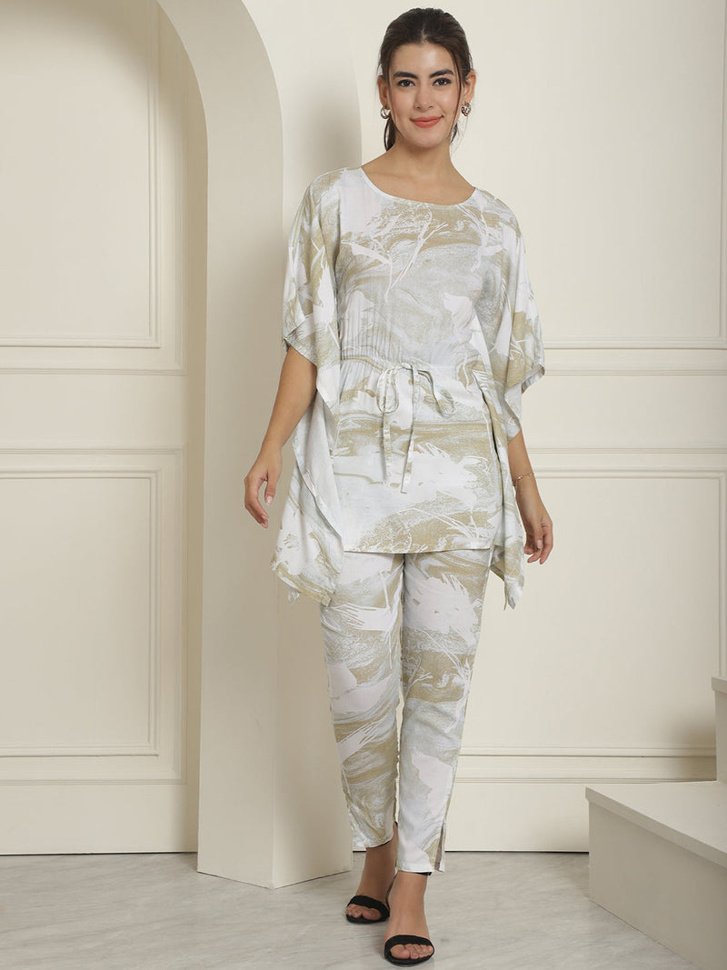 Women Beige Tie Dye Printed Rayon Kaftan Tunic With Trousers ( JNCS 3002Beige )