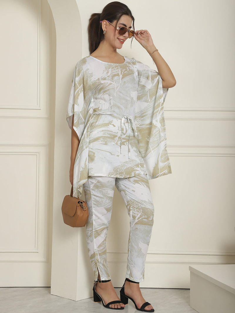 Women Beige Tie Dye Printed Rayon Kaftan Tunic With Trousers ( JNCS 3002Beige )