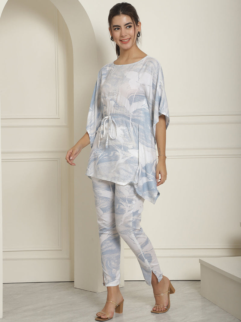 Women Light-Blue Tie Dye Printed Rayon Kaftan Tunic With Trousers ( JNCS 3002Light-Blue )