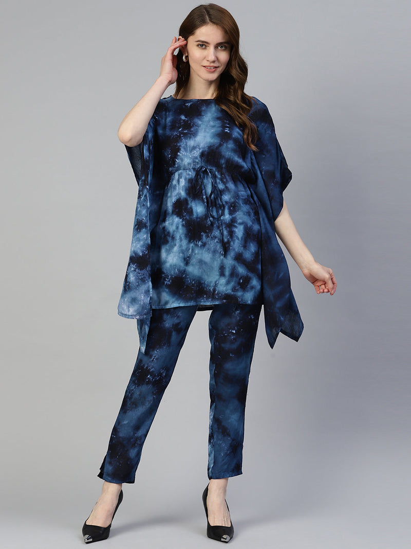 Women Navy Blue Tie Dye Printed Rayon Kaftan Tunic With Trousers ( JNCS 3002 Navy )