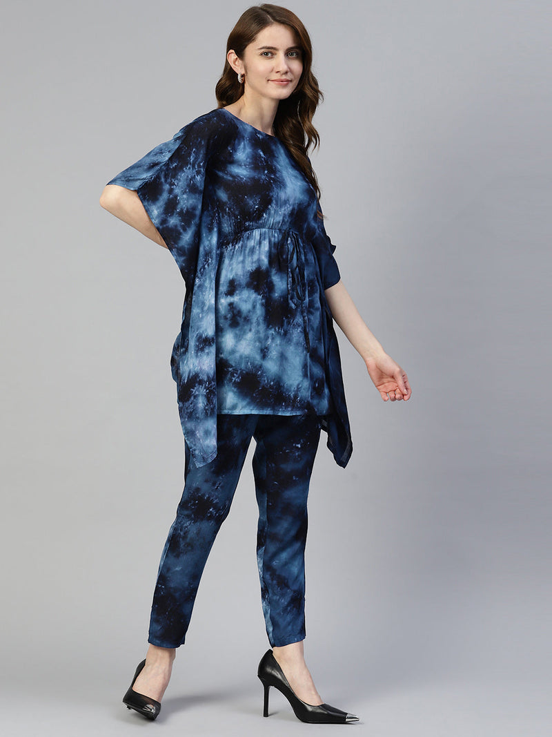 Women Navy Blue Tie Dye Printed Rayon Kaftan Tunic With Trousers ( JNCS 3002 Navy )