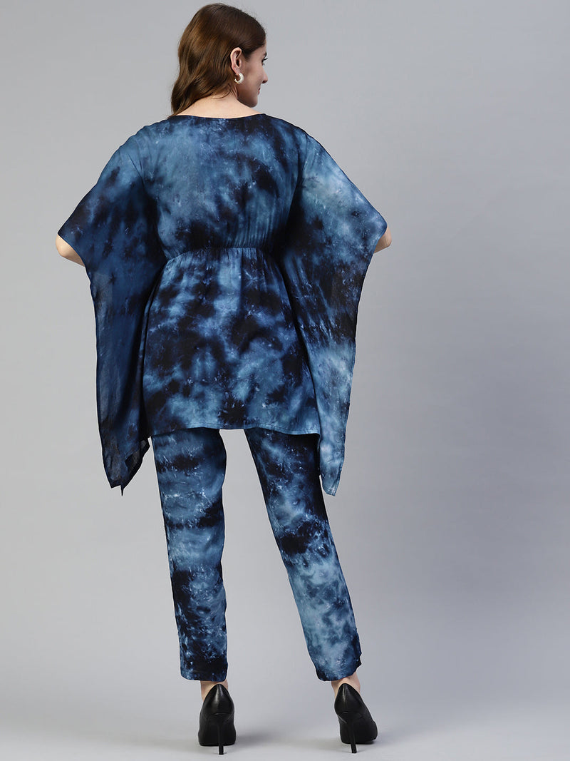 Women Navy Blue Tie Dye Printed Rayon Kaftan Tunic With Trousers ( JNCS 3002 Navy )