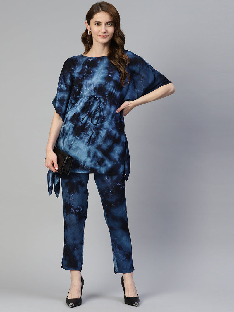 Women Navy Blue Tie Dye Printed Rayon Kaftan Tunic With Trousers ( JNCS 3002 Navy )