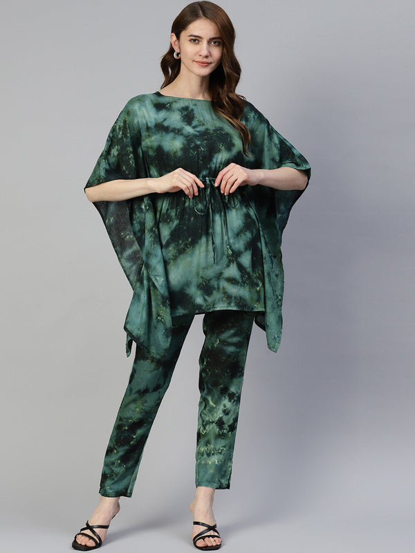 Women Olive Green Tie Dye Printed Rayon Kaftan Tunic With Trousers ( JNCS 3002 Olive )