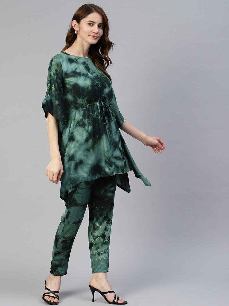 Women Olive Green Tie Dye Printed Rayon Kaftan Tunic With Trousers ( JNCS 3002 Olive )