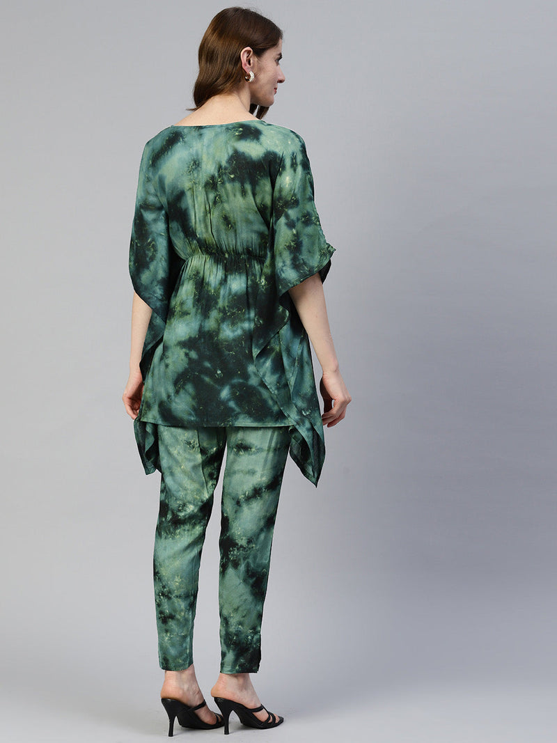 Women Olive Green Tie Dye Printed Rayon Kaftan Tunic With Trousers ( JNCS 3002 Olive )