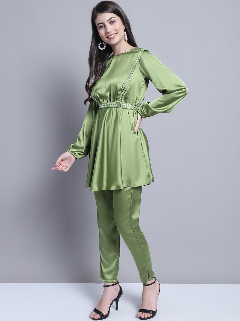 Women's Embroidered A-line Top and Trouser With Belt ( JNCS 3005 Green )