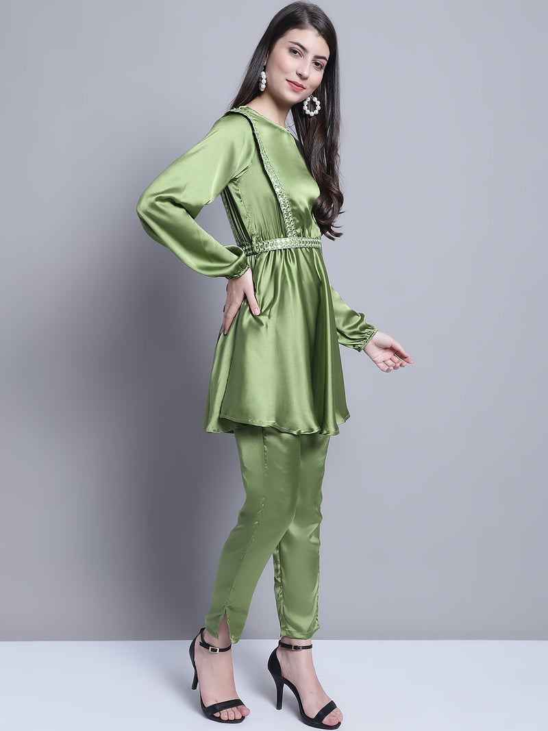 Women's Embroidered A-line Top and Trouser With Belt ( JNCS 3005 Green )