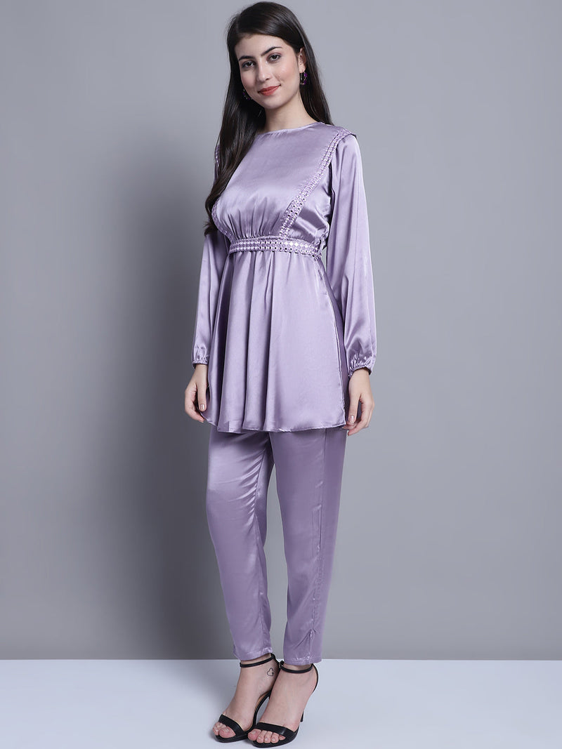 Women's Embroidered A-line Top and Trouser With Belt ( JNCS 3005 Purple )