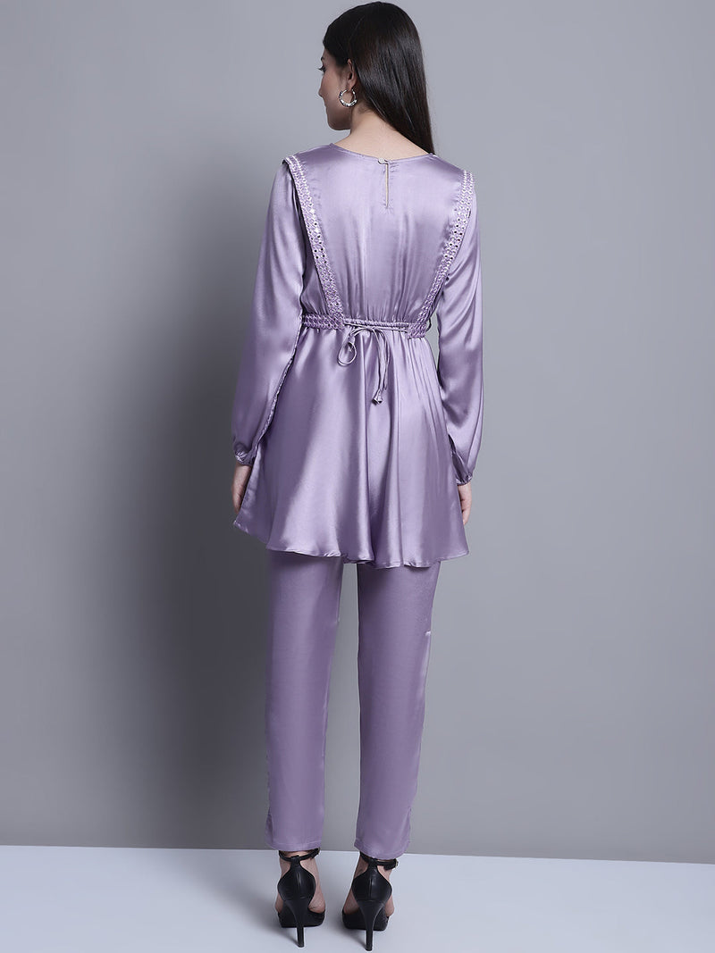 Women's Embroidered A-line Top and Trouser With Belt ( JNCS 3005 Purple )