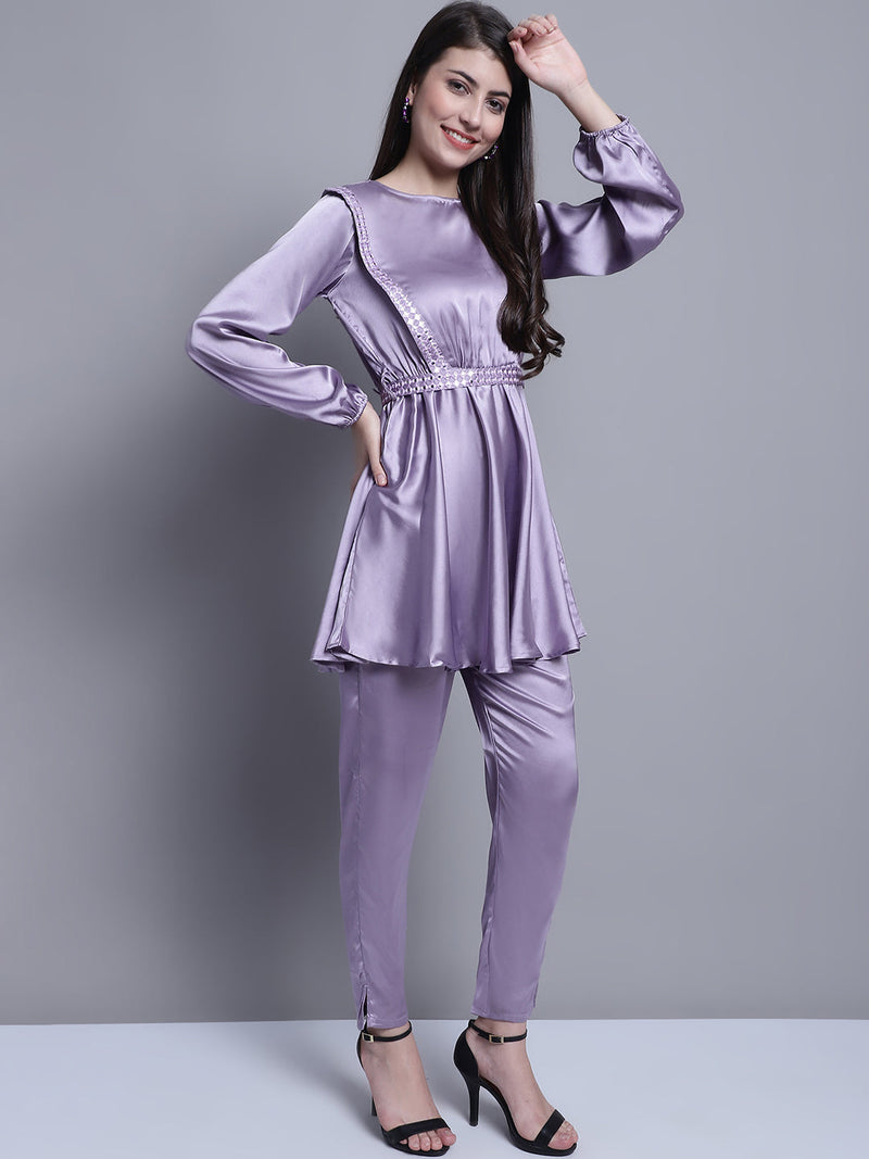 Women's Embroidered A-line Top and Trouser With Belt ( JNCS 3005 Purple )