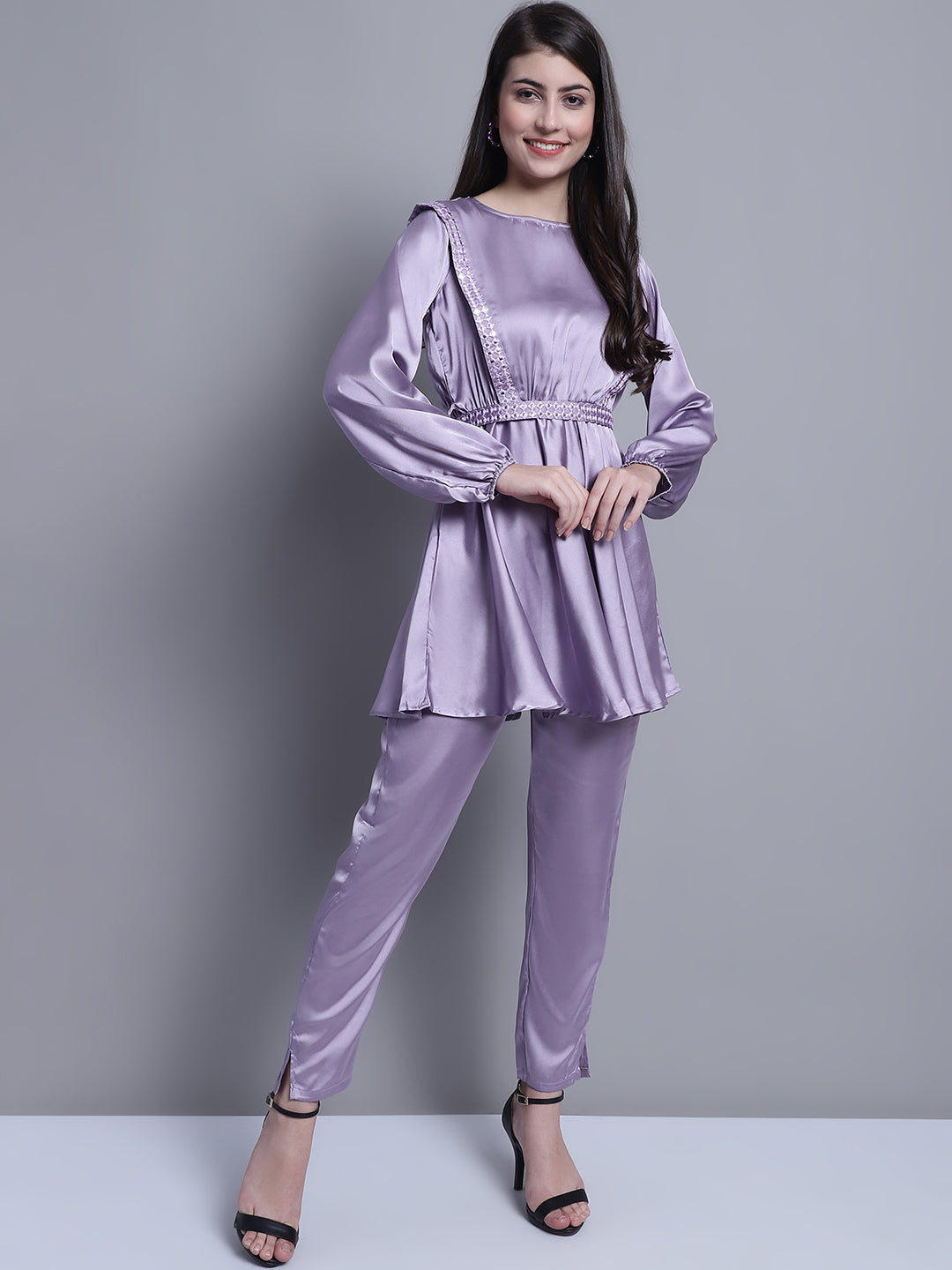 Women's Embroidered A-line Top and Trouser With Belt ( JNCS 3005 Purple )