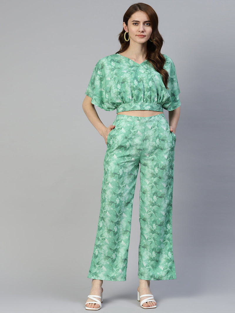 Women Green Printed Crop Top With Palazzos ( JNCS 3006 Green )