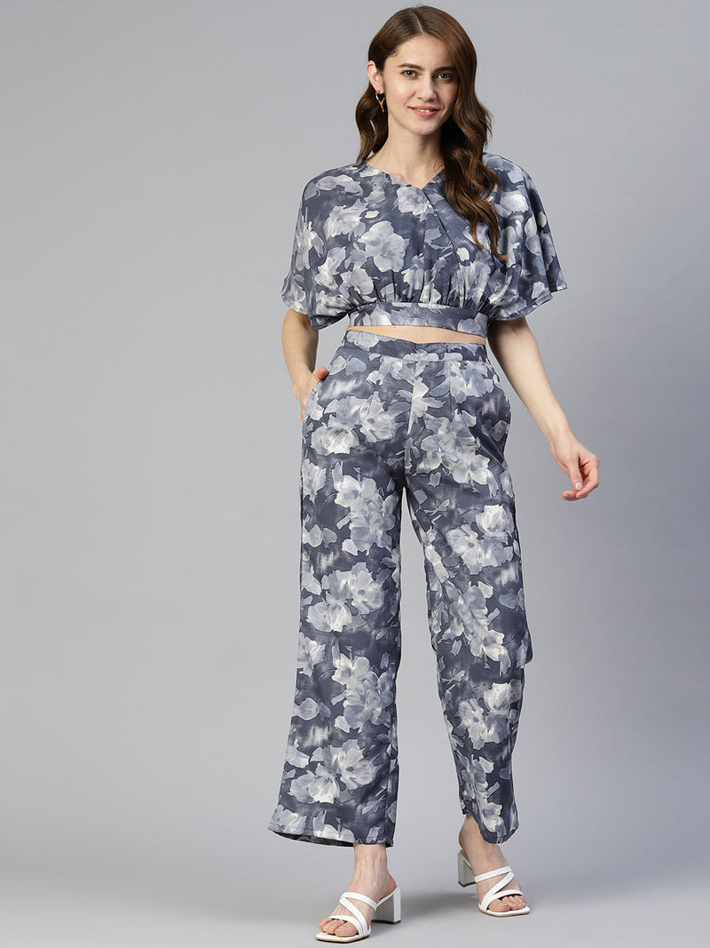 Women Grey Printed Crop Top With Palazzos ( JNCS 3006 Grey )