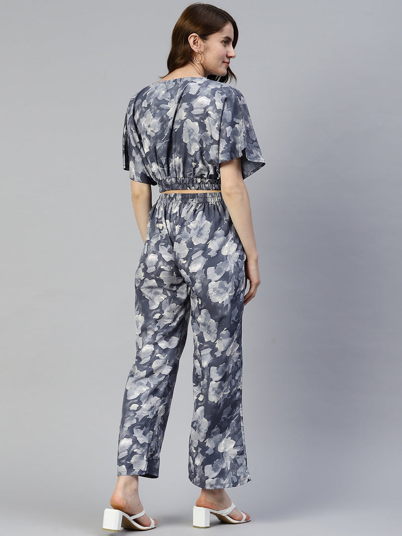 Women Grey Printed Crop Top With Palazzos ( JNCS 3006 Grey )