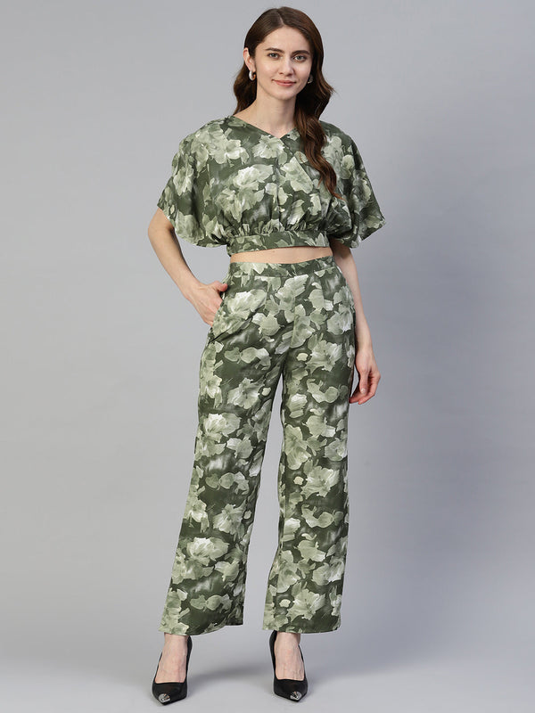 Women Olive Green Printed Crop Top With Palazzos ( JNCS 3006 Olive )